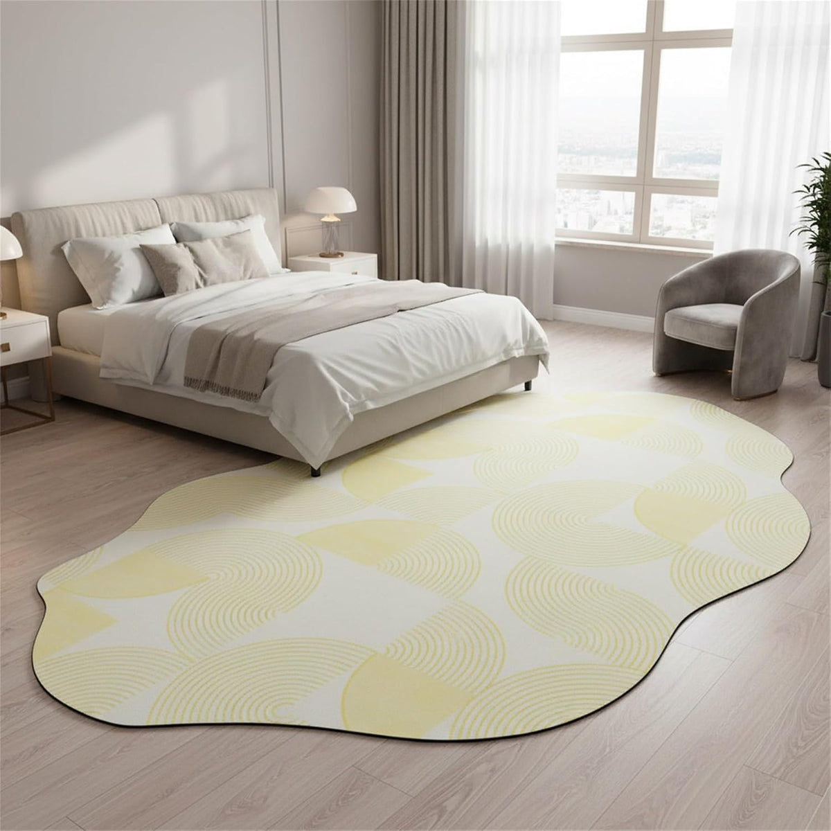 Modern Abstract Irregular Shaped Rug 2x3 Minimalist Geometric Striped Carpet for Livingroom Bedroom Diningroom Light Yellow Cream Indoor Large Rugs Soft Non Slip Thin Low Pile Home Office Floor Mat
