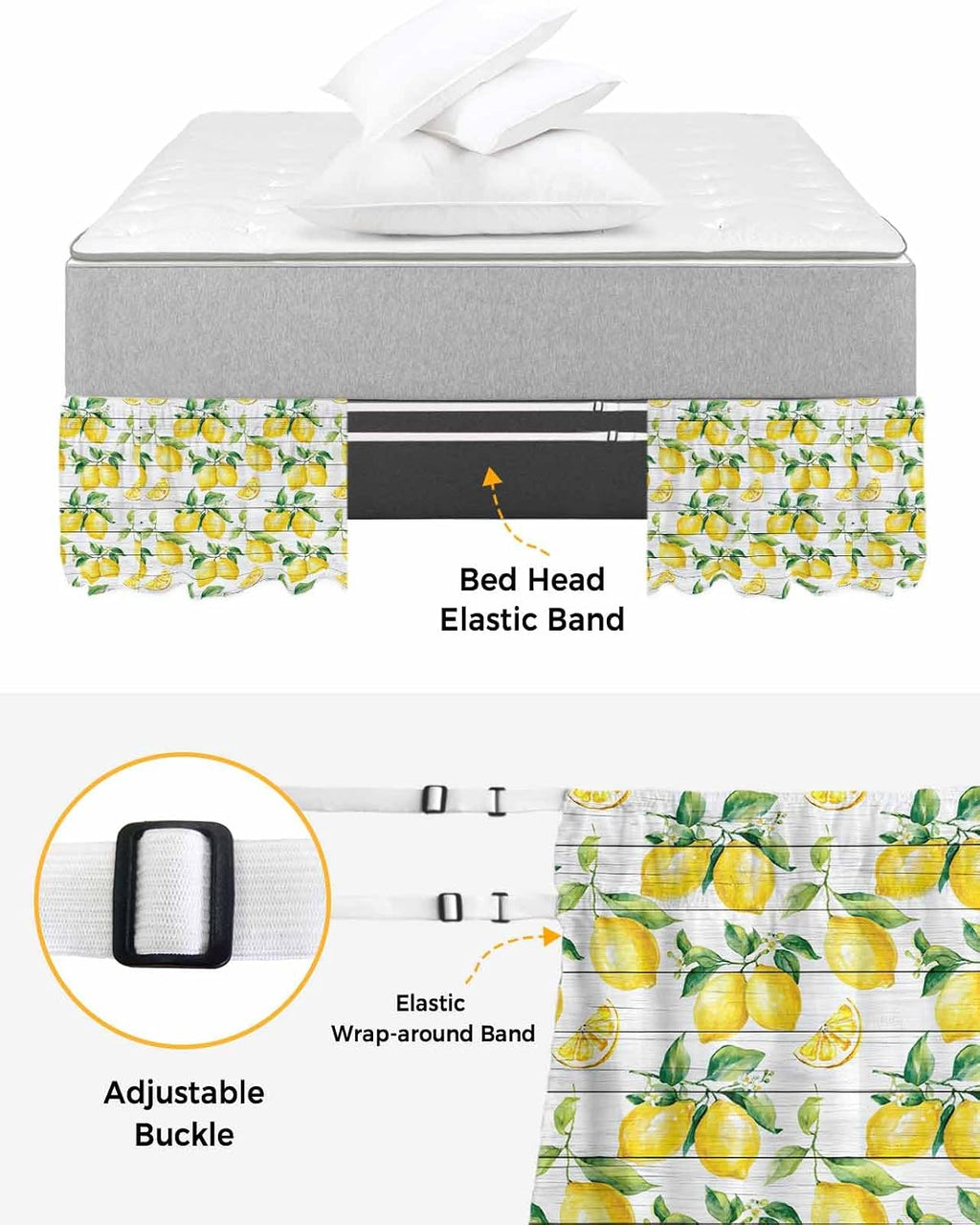 Summer Lemon Bed Skirt Queen Size 18 Inch Drop, Adjustable Elastic Wrap Around Bed Skirts Easy Fitting Dust Ruffle Bedskirt Bed Frame Cover Yellow Fruit Farm Vintage White Wood Grain