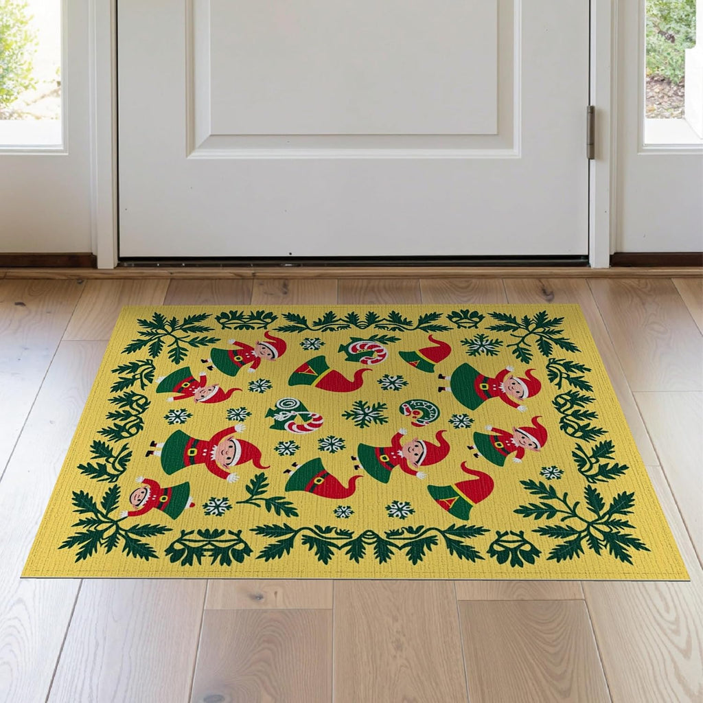 Flatwoven High Traffic Area Rug 2x3, Christmas Elf Bathroom Featuring Jolly Winter Woodland Characters, Non Slip, Stain Resistant, Washable Area Rugs for Living Room, Bedroom (Yellow, 2x3)