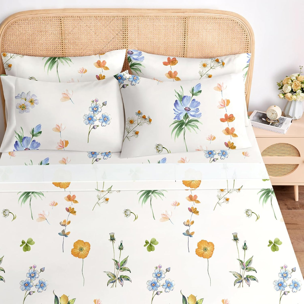 Queen Sheet Set 6 Pieces (Yellow & Blue Watercolor Floral), Cottage Core Botanical Patterned Sheets, Victorian Flower Microfiber Bedding Decor