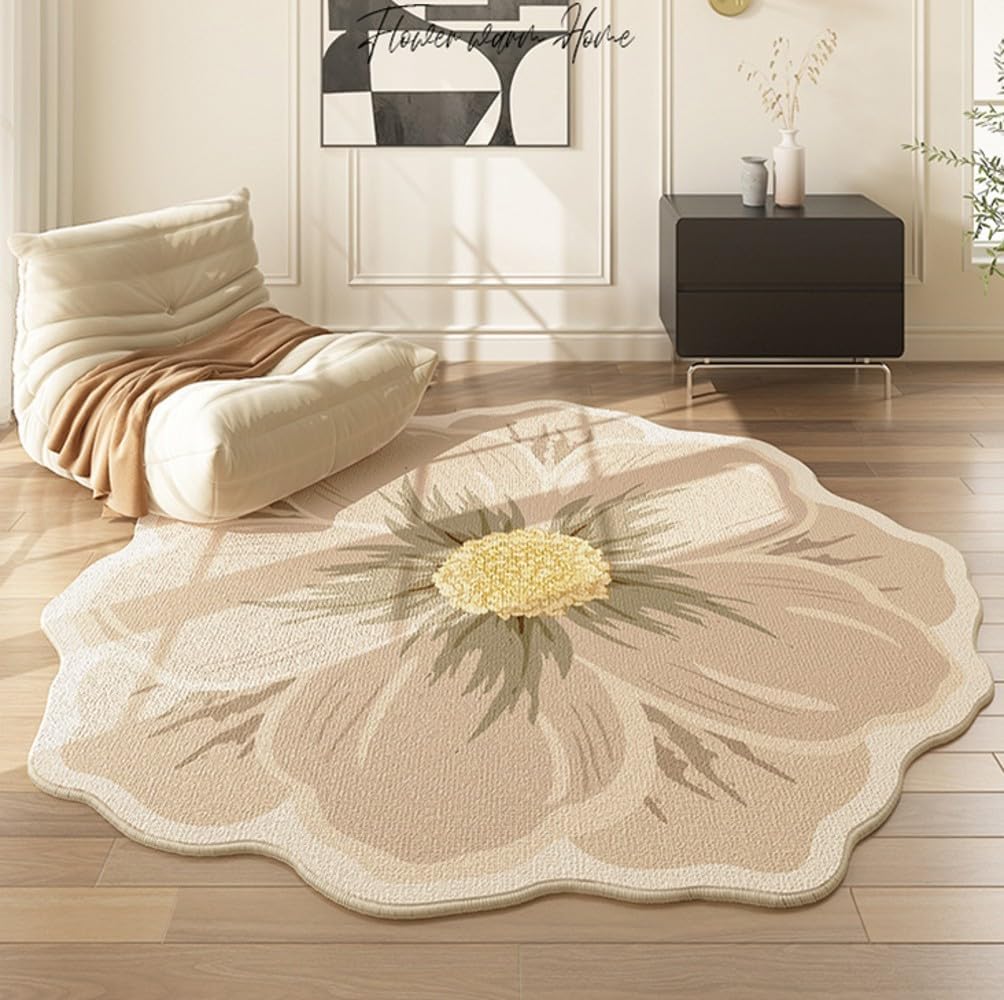 Yellow Green Beige Flower Rug 3ft Round Area Rugs Elegant Floral Texture Non Slip Foldable Washable Durable Comfort Thin Carpets for Bedroom Living Room Conference Room Guestroom Floor Mats