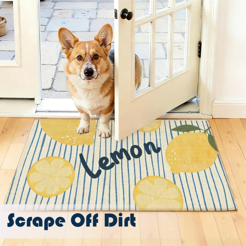 Chicimln Summer Yellow Lemon Door Mat, Lemon Citrus Fruit Non-Slip Linen Doormat Outdoor Indoor Entrance, Blue Striped Coastal Welcome Mats Rugs for Entryway Front Door Porch, 17x30 Inch