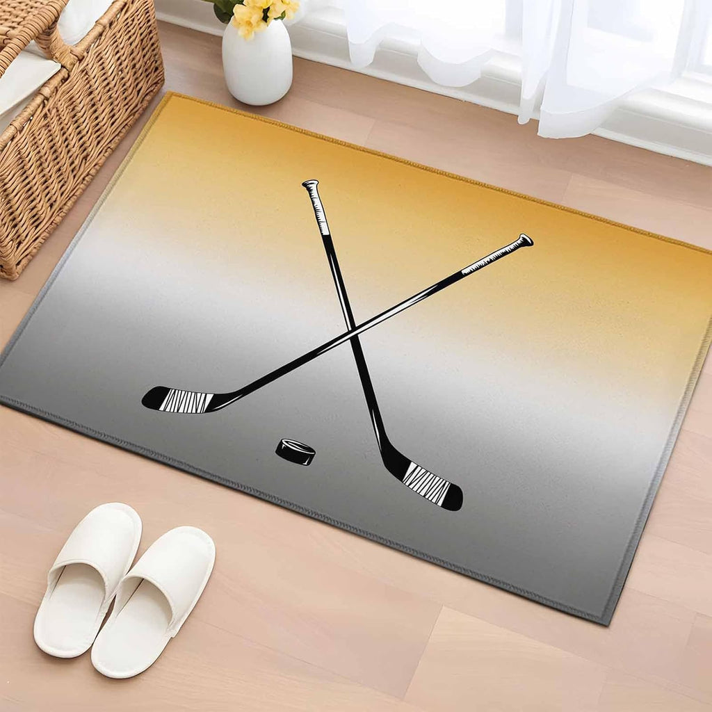 Ice Hockey Entryway Rug 2'x3', Winter Sports Yellow Grey Gradients Small Area Rug Non-Slip Front Door Mat Washable Floor Carpet for Indoor Entrance Kitchen Bathroom