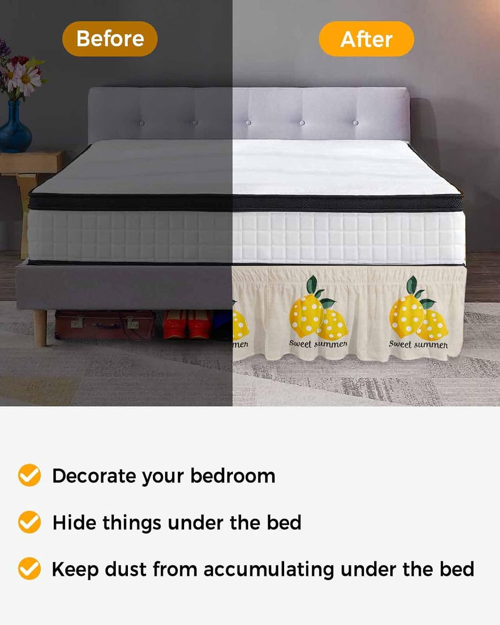 Yellow Lemons Bed Skirt Queen Size 16 Inch Drop, Adjustable Elastic Wrap Around Bed Skirts Easy Fitting Dust Ruffle Bedskirt Bed Frame Cover Summer Botanical Farmhouse Rustic