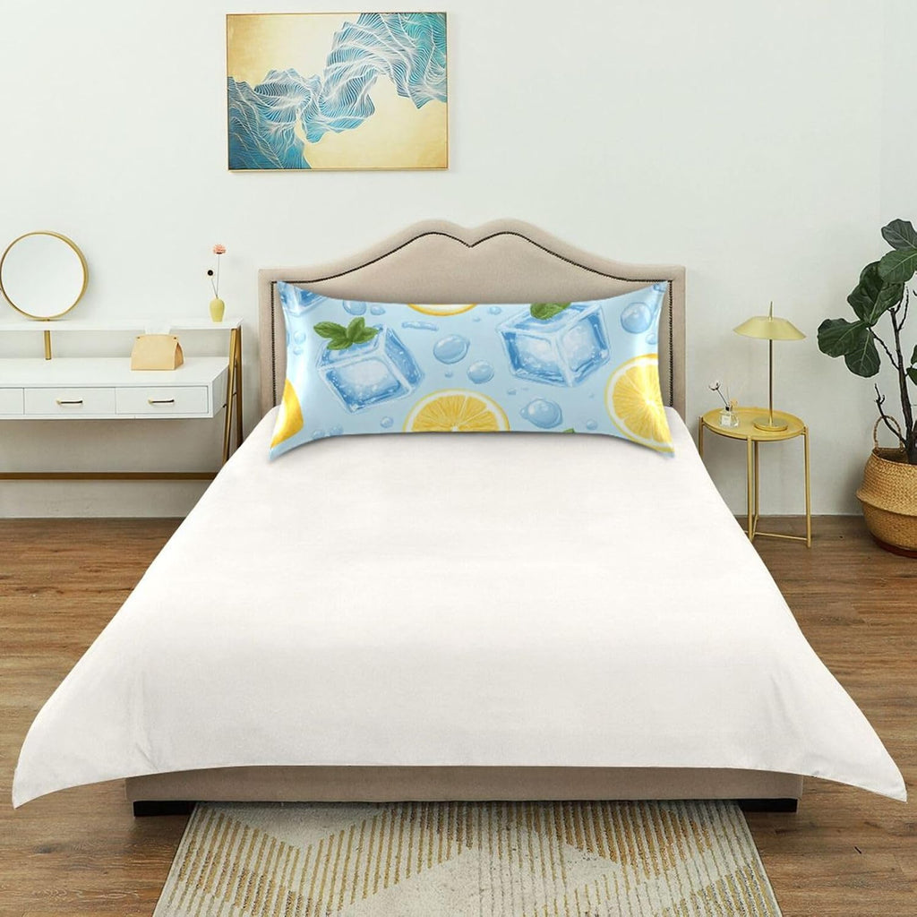 Satin Pillowcase for Hair Skin, Blue Ice Cubes Yellow Lemon Smooth Cooling Pillow Case Wrinkle Free Standard