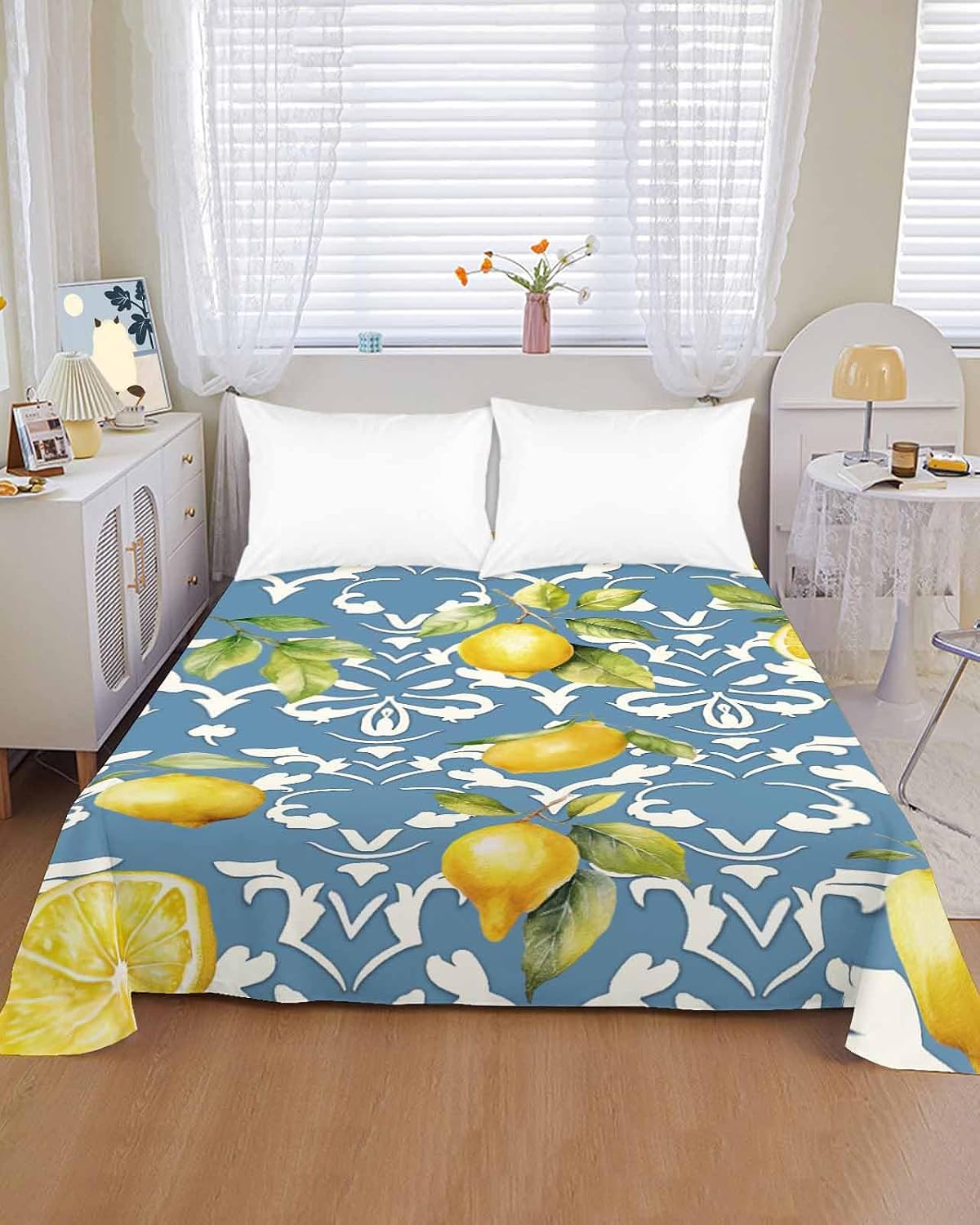 Full Size Top Sheet Only,Yellow Lemon Blue Country Retro Floral Flat Sheet Microfiber Breathable Soft Bed Sheet,Watercolor Fruit Hotel Luxury Bedding Flat Sheets for Bedroom