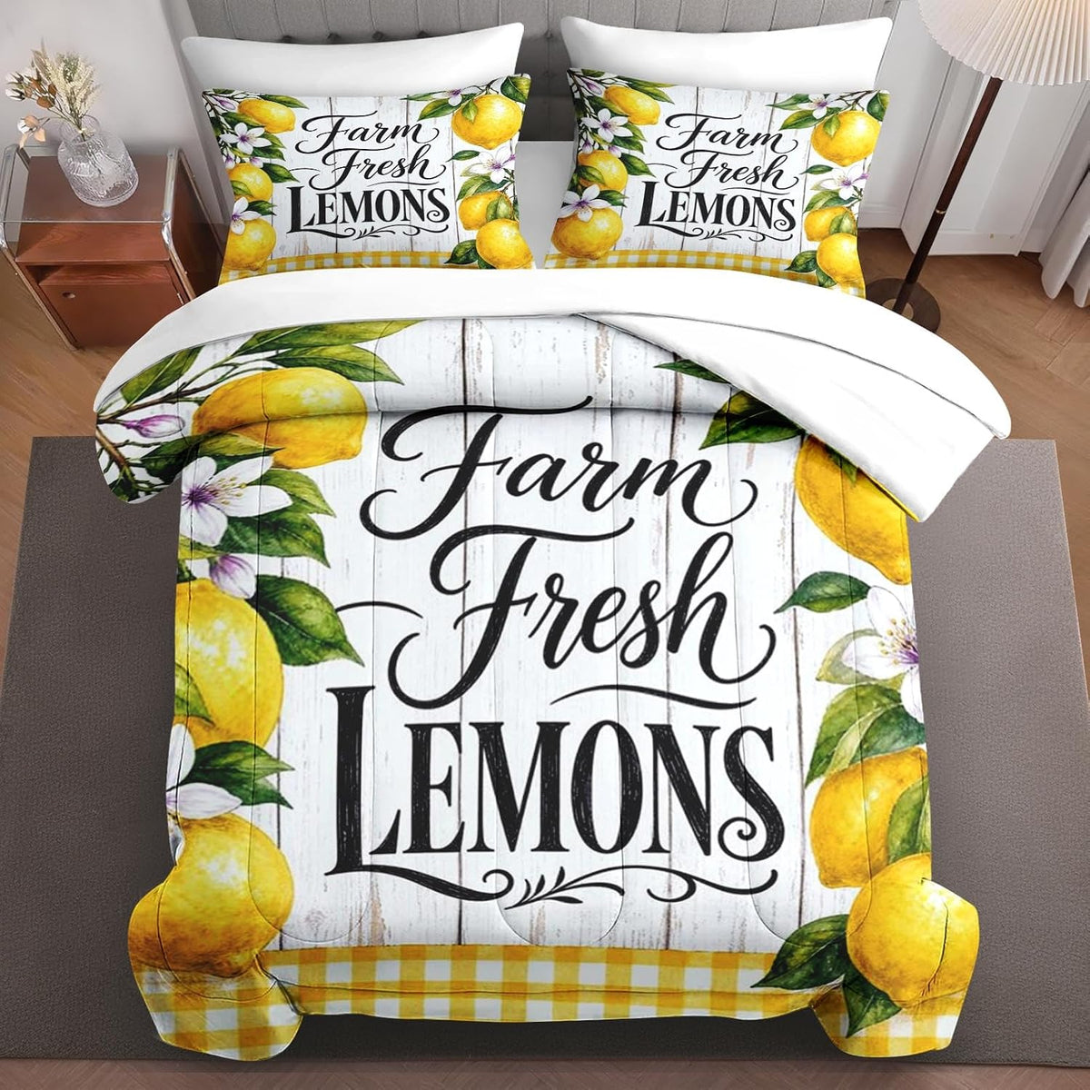 Twin Comforter Set, 5 Pieces Lemon Farmhouse Bedding Set