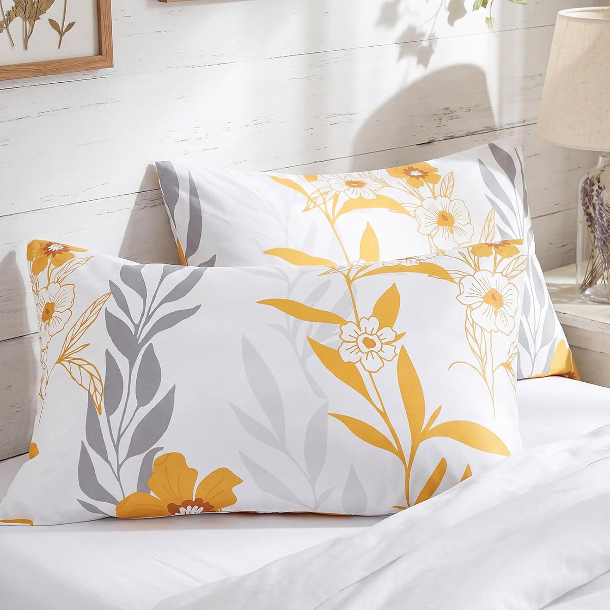 100% Cotton Pillowcases Standard Size Set of 2 Yellow Floral Pillow Covers Flower Leaf Botanical Print Decorative Pillow Cases with Pocket Closure