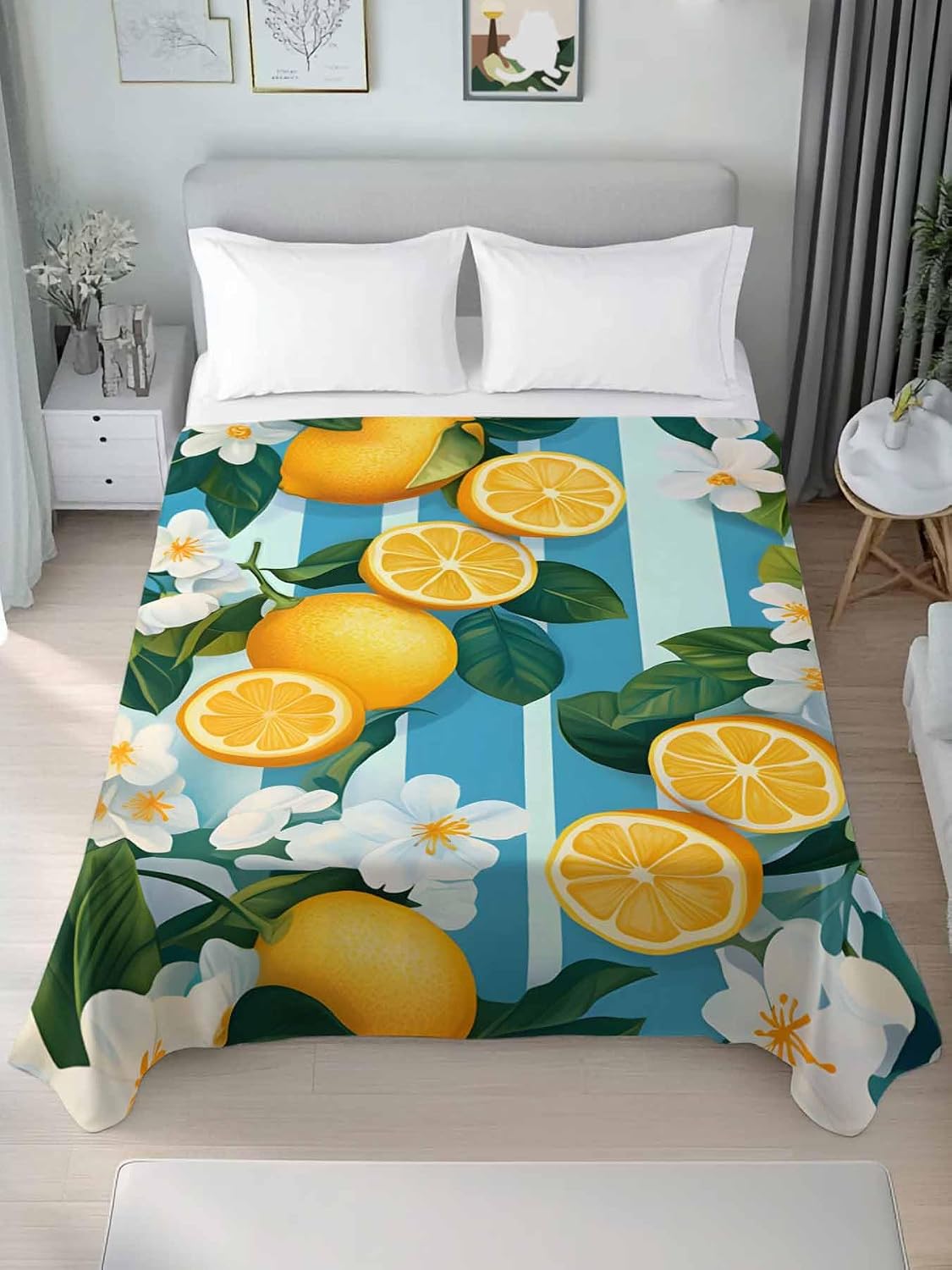 Twin Flat Sheet, Yellow Lemon Twin Bed Sheets Only, Soft Microfiber Flat Sheet, Summer Fruit Floral Blue Stripe Watercolor Hotel Quality Bedding Top Sheet Bedroom Home Dorm Decor