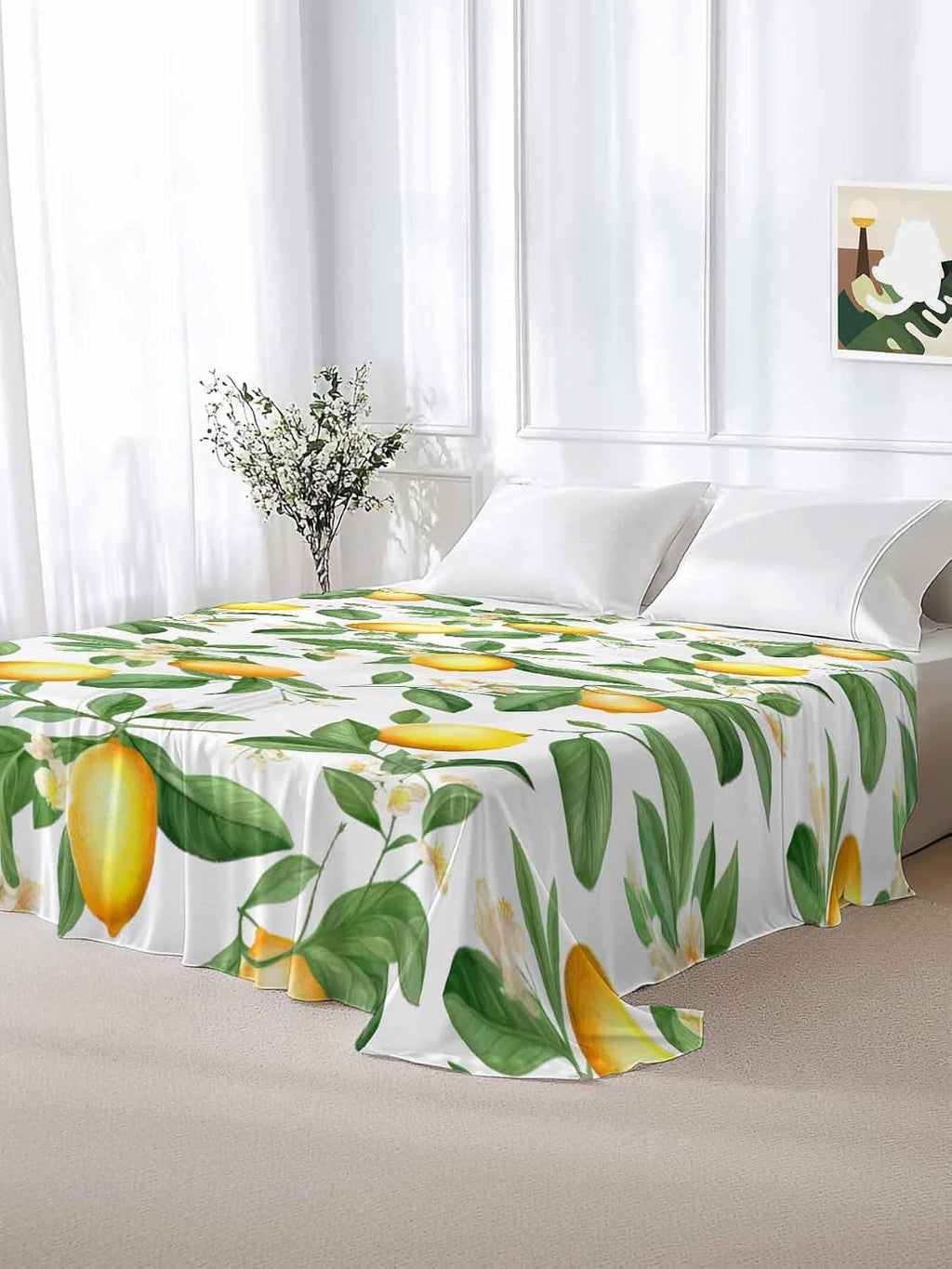 Flat Sheet, 1 Piece Top Sheet Twin Size Yellow Lemon Leaves Soft Breathable Bed Sheet White Floral Brushed Microfiber Bed Sheet, Wrinkle Resistant, Fade Resistant Bedding