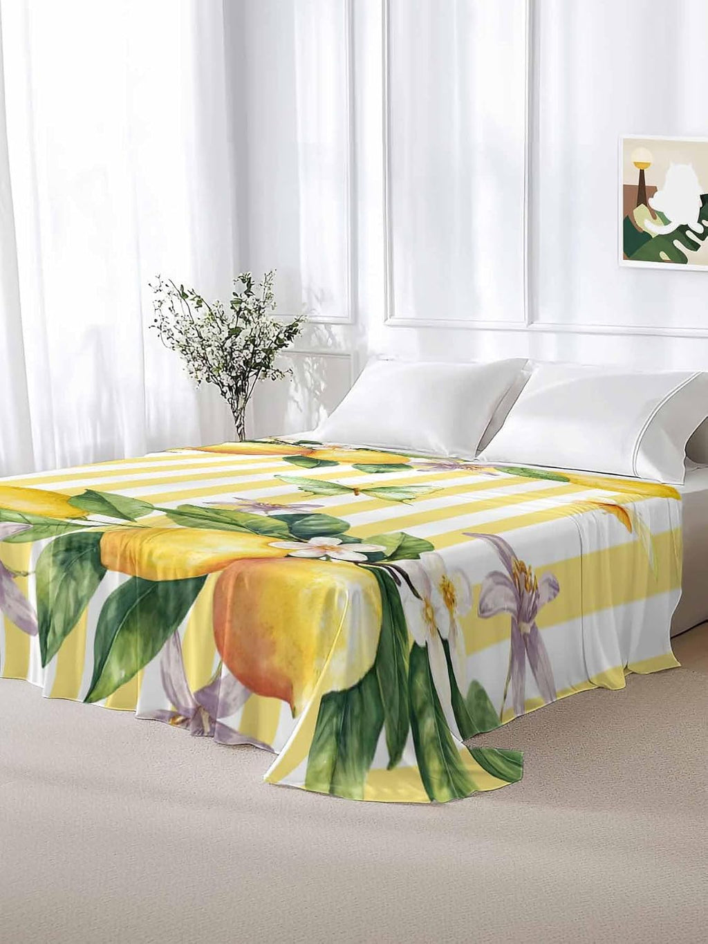 Twin Flat Sheet Only Bed Sheets Lemon Fruits Floral Leaves Microfiber Breathable Bedding Flat Sheet, Yellow Stripes Soft Top Sheets for Bedroom Living Room Sofa