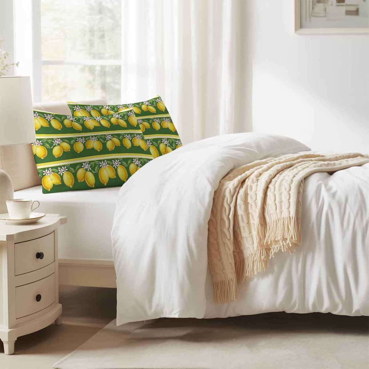 Lemon Summer Pillow Cases Standard Size Set of 2 - Microfiber Bed Throw Pillow Covers, Watercolor Fruits Green Yellow Stripes Decorative Lumbar Pillow Cover with Envelope Closure for Sofa 20"x26"