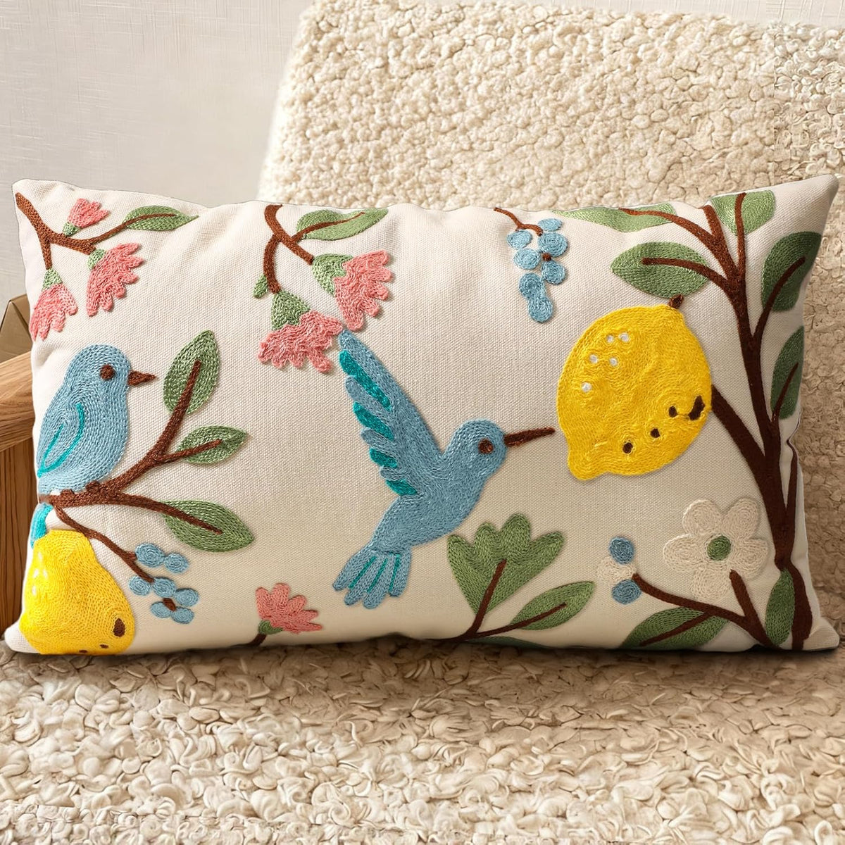 Embroidered Lumbar Pillow Cover 20x12 Inch, Bird Lemon