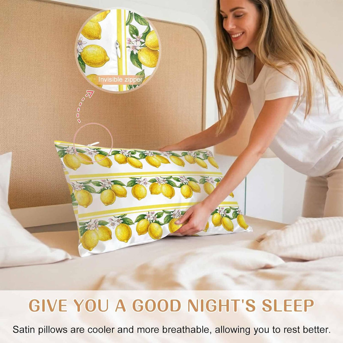 Lemon Summer Pillow Cases Standard Size Set of 2, Watercolor Fruits Yellow Stripes Satin Pillowcase with Zipper for Hair/Skin, Decorative Pillow Covers for Bed/Couch/Sofa, 20x26 Inches