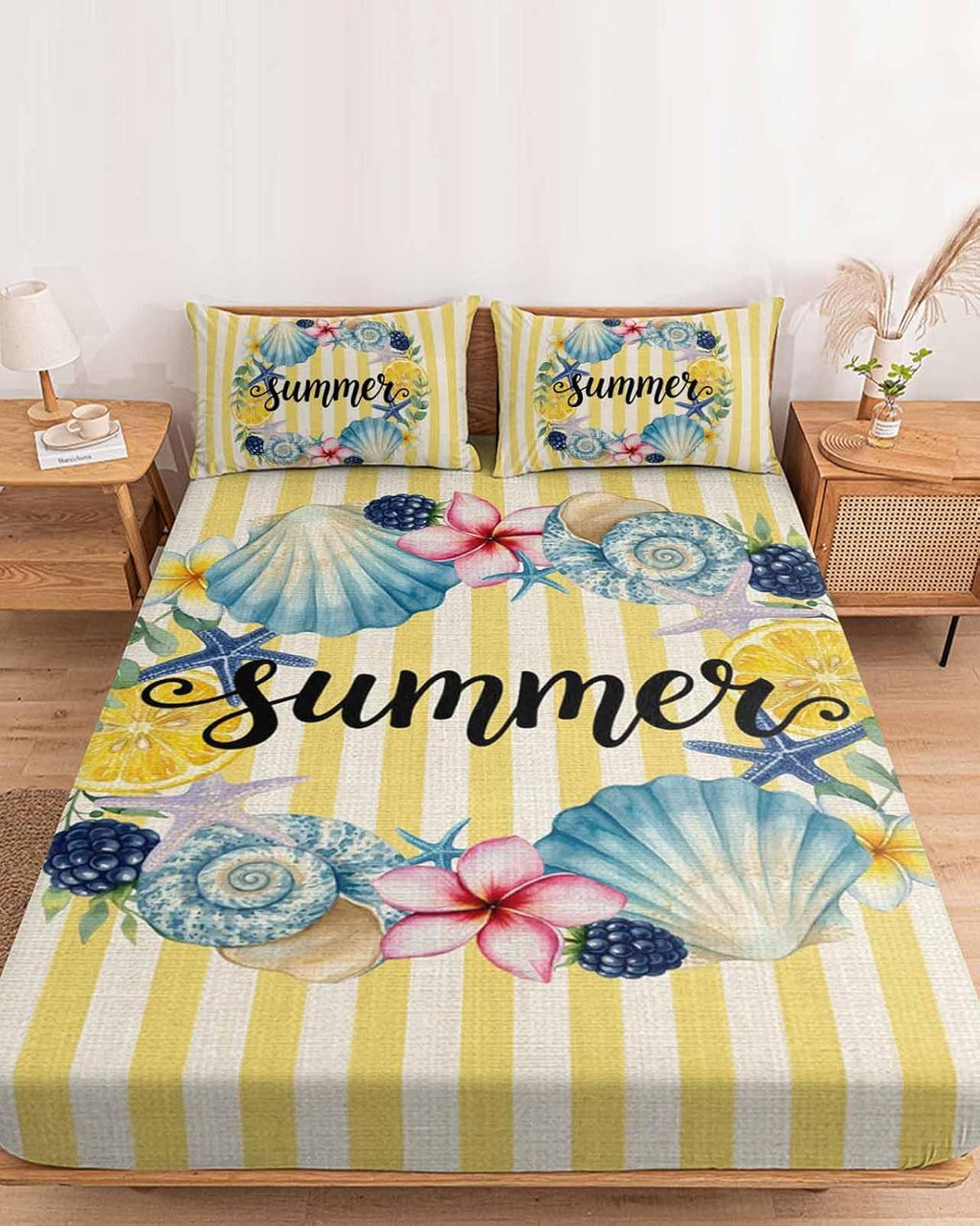 Twin Fitted Sheet, Summer Sea Stars Shells Lemon Soft Brushed Microfiber Deep Pocket Bed Sheets Set, Vintage Yellow Striped Breathable Bottom Sheets with Pillowcase,Fits Mattress Up to 16"