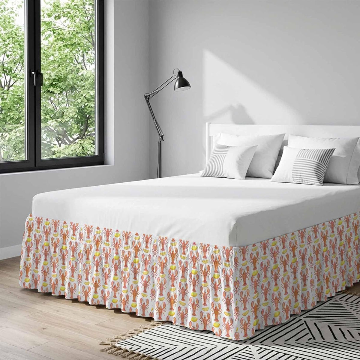 Ocean Orange Lobster Bed Skirt Queen Size 16" Drop Summer Nautical Sea Watercolor Yellow Lemon Ruffled Wrap Around Bed Skirts Adjustable Elastic Bedskirt Dust Ruffle for Queen King California King Bed