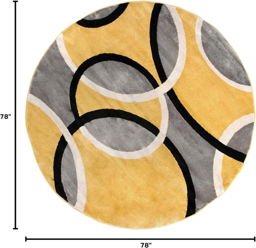 Abstract Circles Contemporary Jute Backing Round Rug Yellow 6'6"