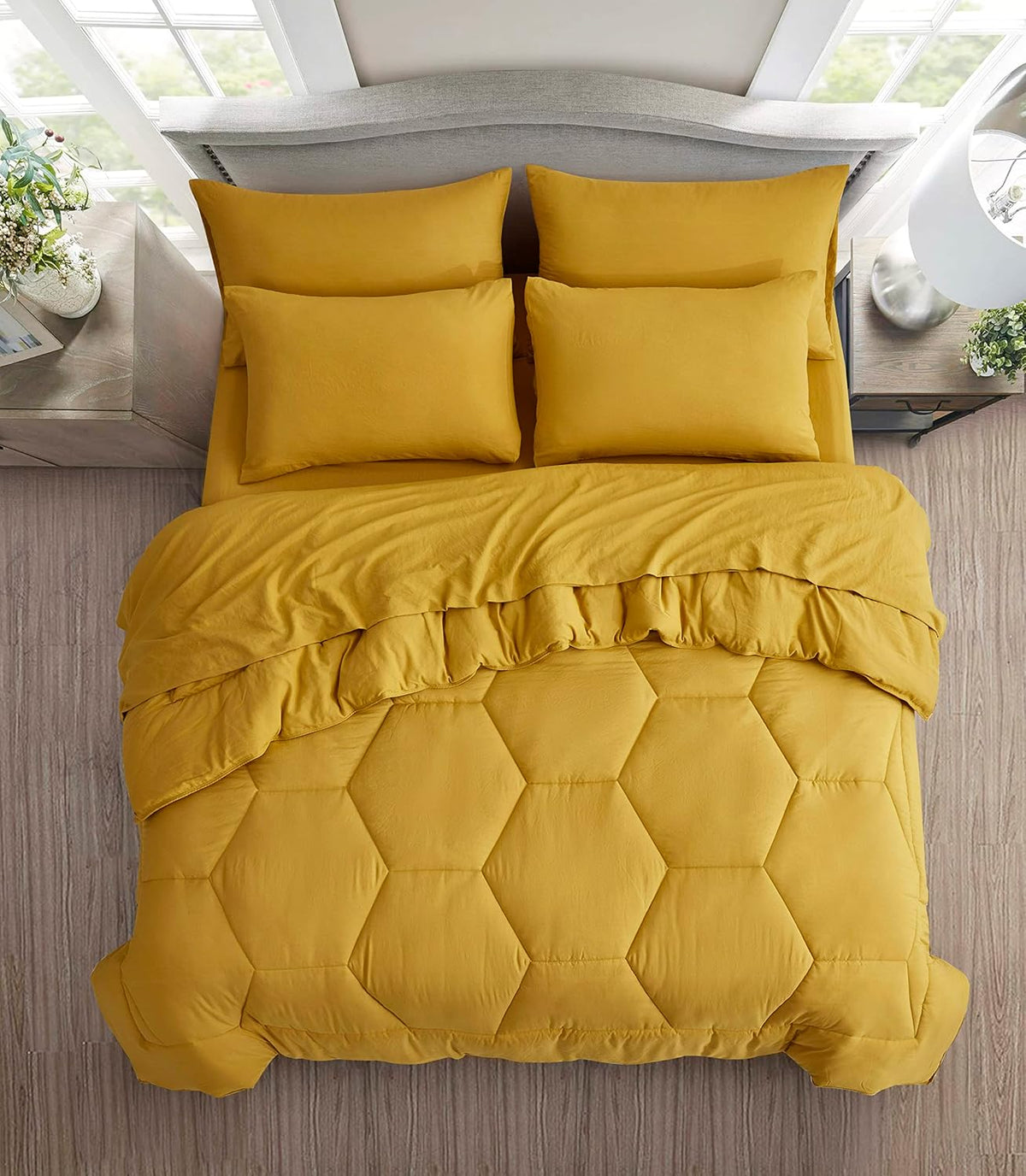 Piper Full Bed in a Bag 7-Pieces Honeycomb Hexagon Quilted Soft Washed Double Brushed Microfiber Comforter with Sheets Lightweight All Season Bedding Set (Full, Mustard Yellow)