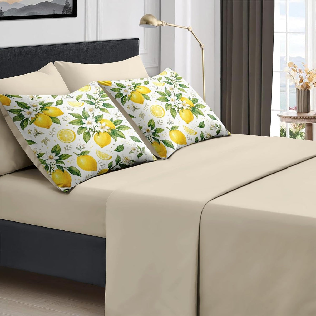 Full Comforter Set, 7 Pieces Lemon Floral Bedding Set