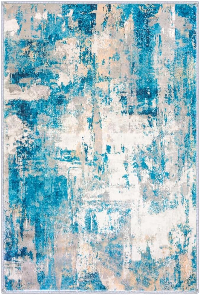 Modern Abstract 3x5 Area Rug Washable Bedroom Rug Throw Entry Mat Non-Slip Stain Resistant Carpet Dining Room Rug with Soft Low Pile for Living Room Kitchen Office, Turquoise/Beige/Grey/Yellow
