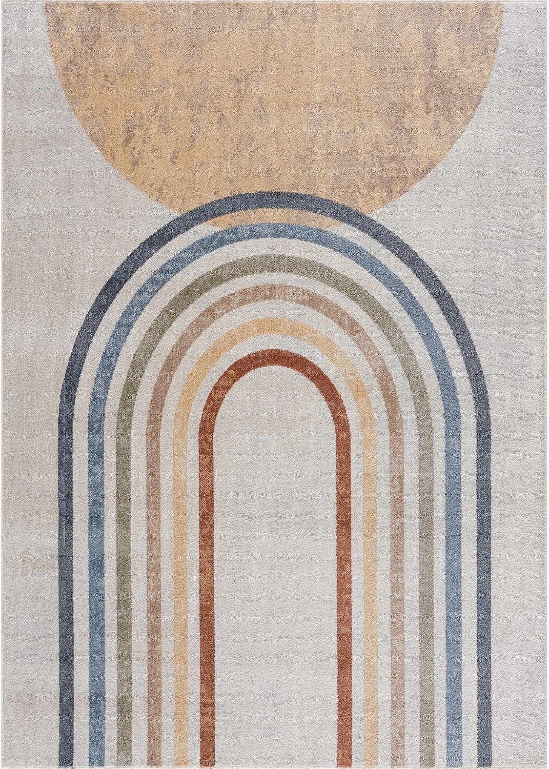 Vaughan Machine Washable Small Area Rug for Door Mat - Bohemian Vintage Distressed - Rainbow Contemporary Striped Carpet - Colorful, Red, Yellow, Beige - 2' x 3'