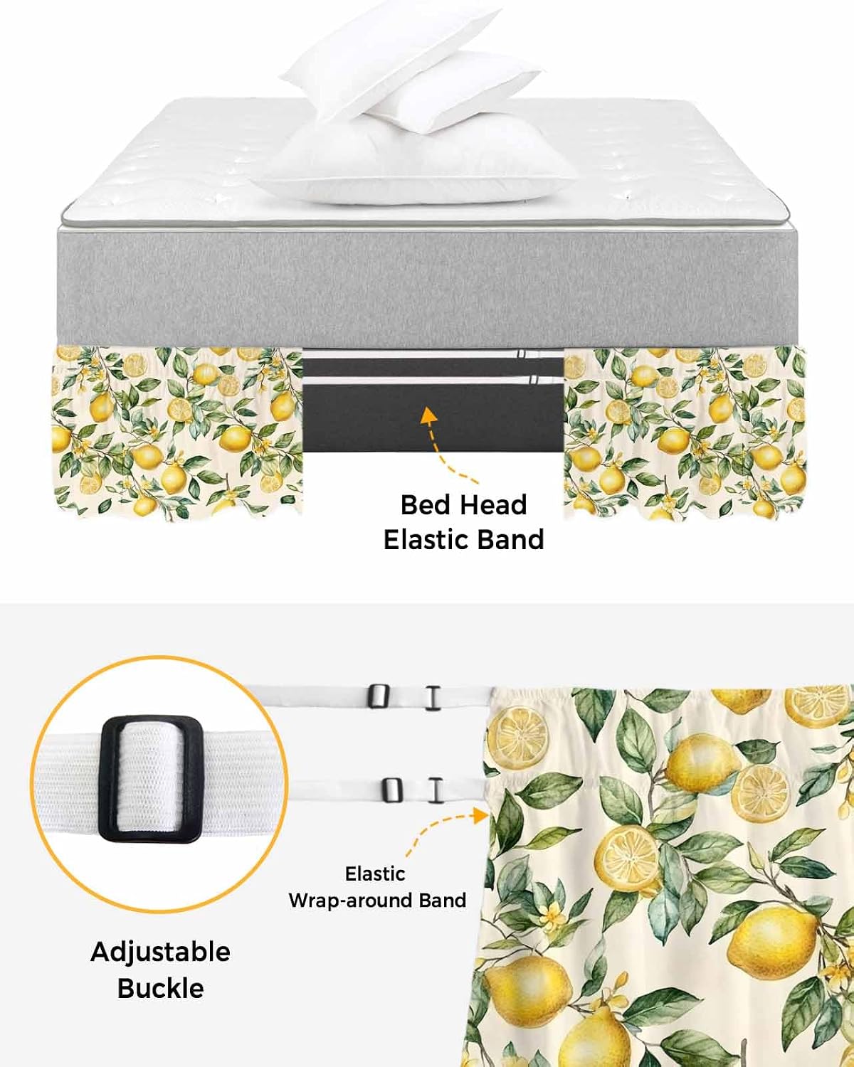 Yellow Lemon Bed Skirt Queen Size 16 Inch Drop, Adjustable Elastic Wrap Around Bed Skirts Easy Fitting Dust Ruffle Bedskirt Bed Frame Cover Spring Floral Flower Fruit Farmhouse Modern