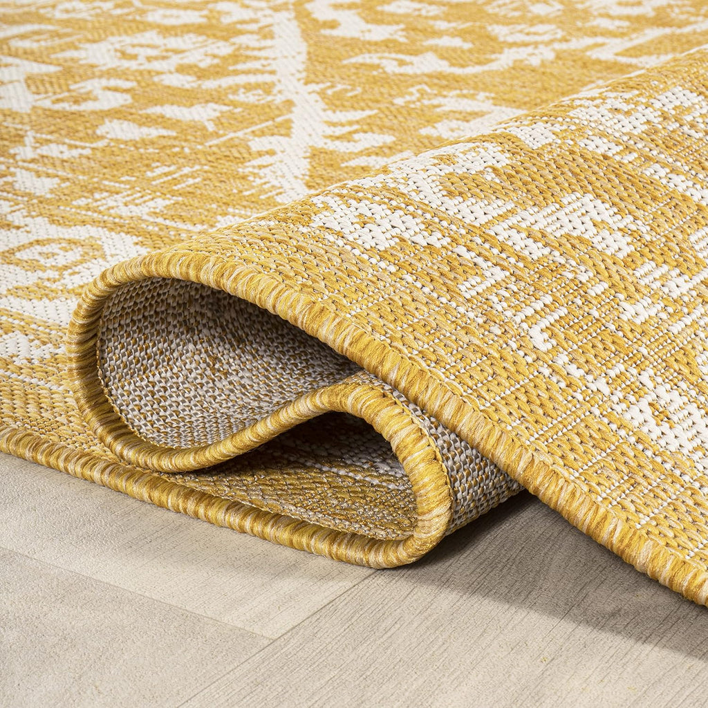 Boho Medallion Indoor Outdoor Area Rug 8X10 Yellow/Cream, Malta Textured Weave for Backyard, Patio, Porch, Easy-Cleaning, High Traffic, Pet-Friendly, Non-Shedding (SMB104G-8)