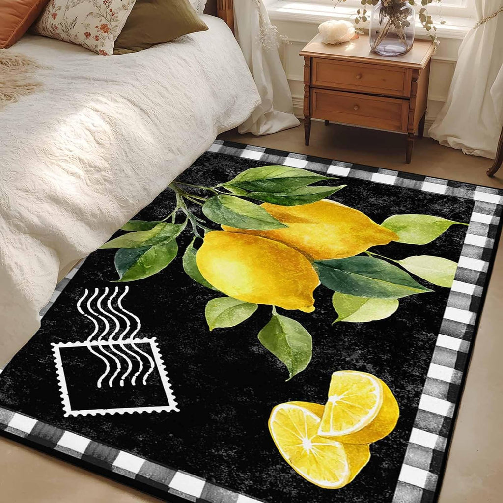 3'x5' Area Rugs, Yellow Lemon Indoor Outdoor Area Rug for Living Room Bedroom, Summer Botanical Black White Checkered Washable Bathroom Rugs Kitchen Floor Carpet Mats Home Decor Aesthetic