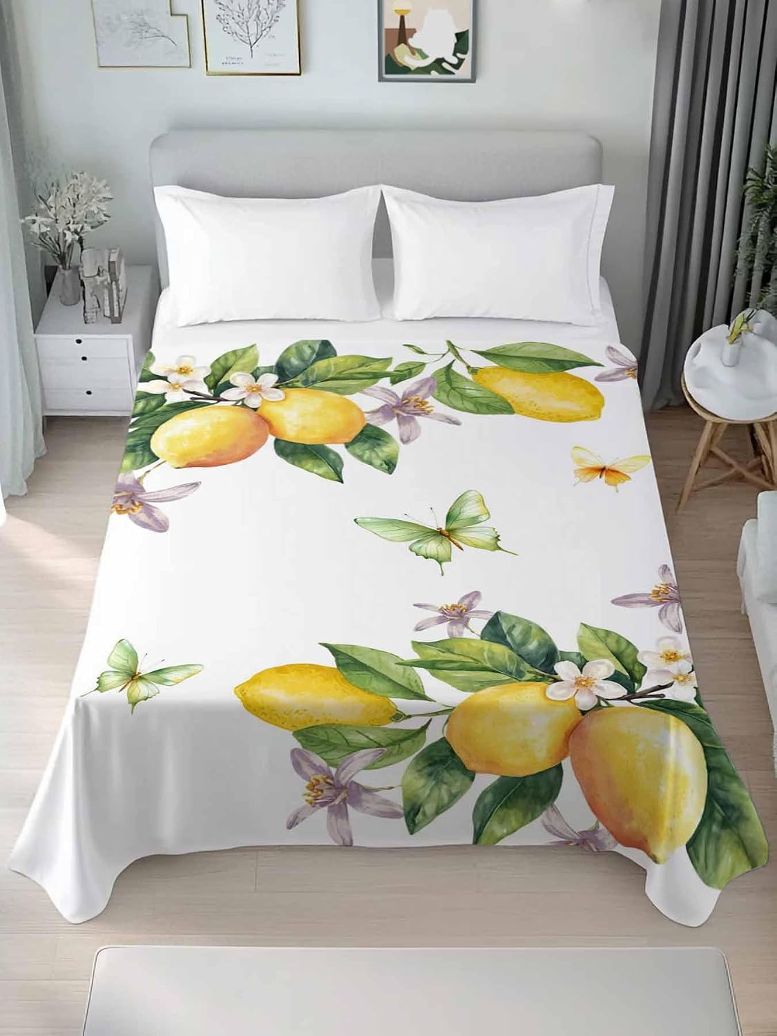 Queen Size Top Sheet Only, Vintage Farm Lemon Flowers Flat Sheet Microfiber Breathable Soft Bed Sheets, Yellow Fruit Butterfly Floral Hotel Bedding Flat Sheets for Bedroom