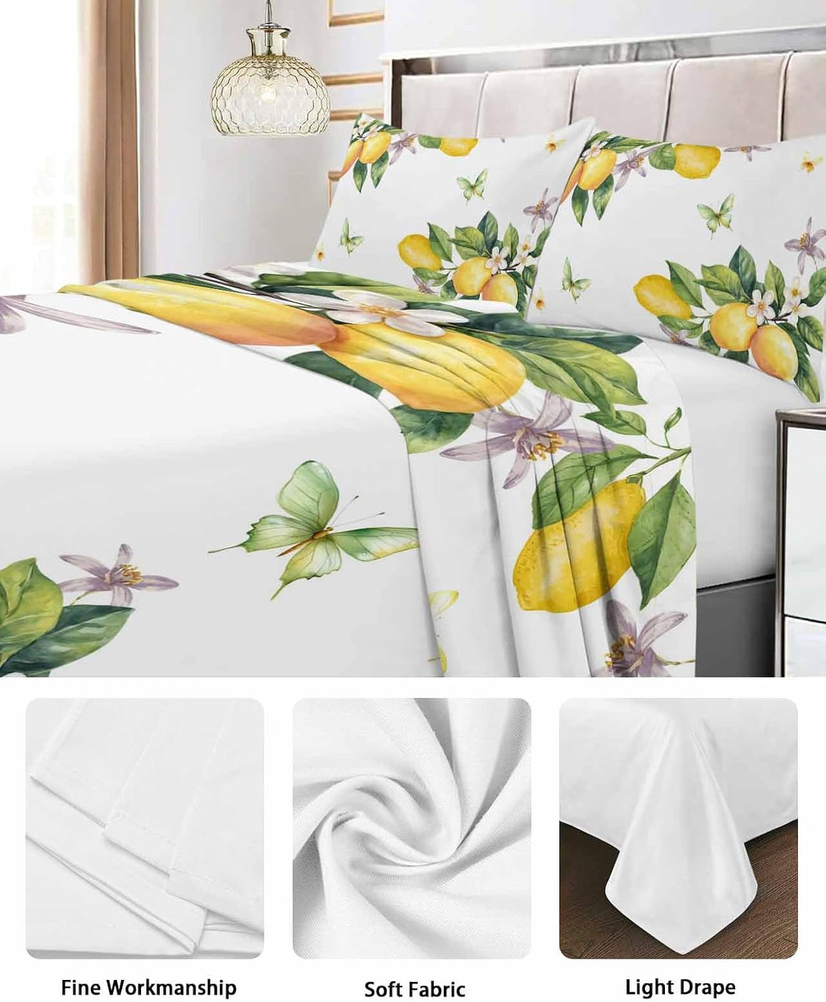 Queen Size Top Sheet Only, Vintage Farm Lemon Flowers Flat Sheet Microfiber Breathable Soft Bed Sheets, Yellow Fruit Butterfly Floral Hotel Bedding Flat Sheets for Bedroom