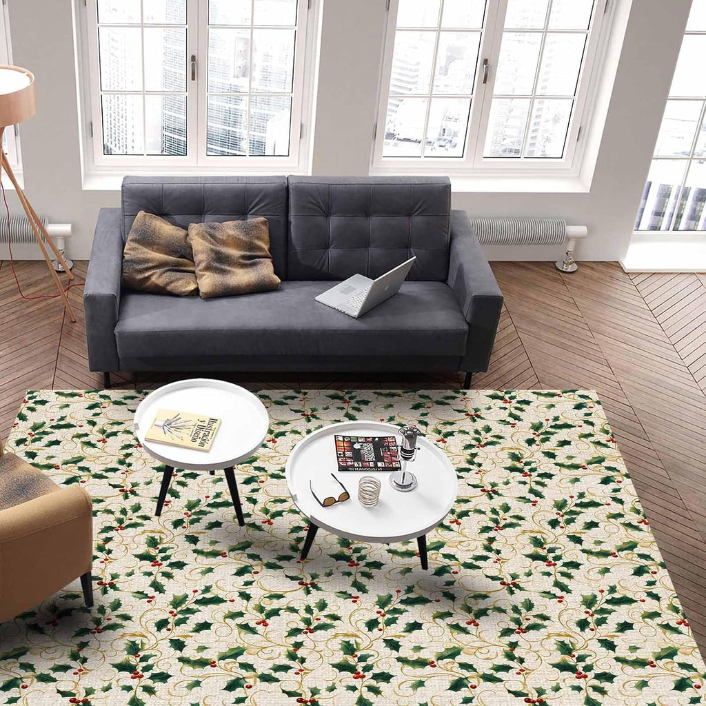 Christmas Green Yellow Berry Area Rug for Living Room 2.7x5 Modern Rug Washable Abstract Area Rug Large Non Slip Winter Botanical Xmas Plants Beige Floor Carpet Mat Soft Indoor Rug for Bedroom Nursery