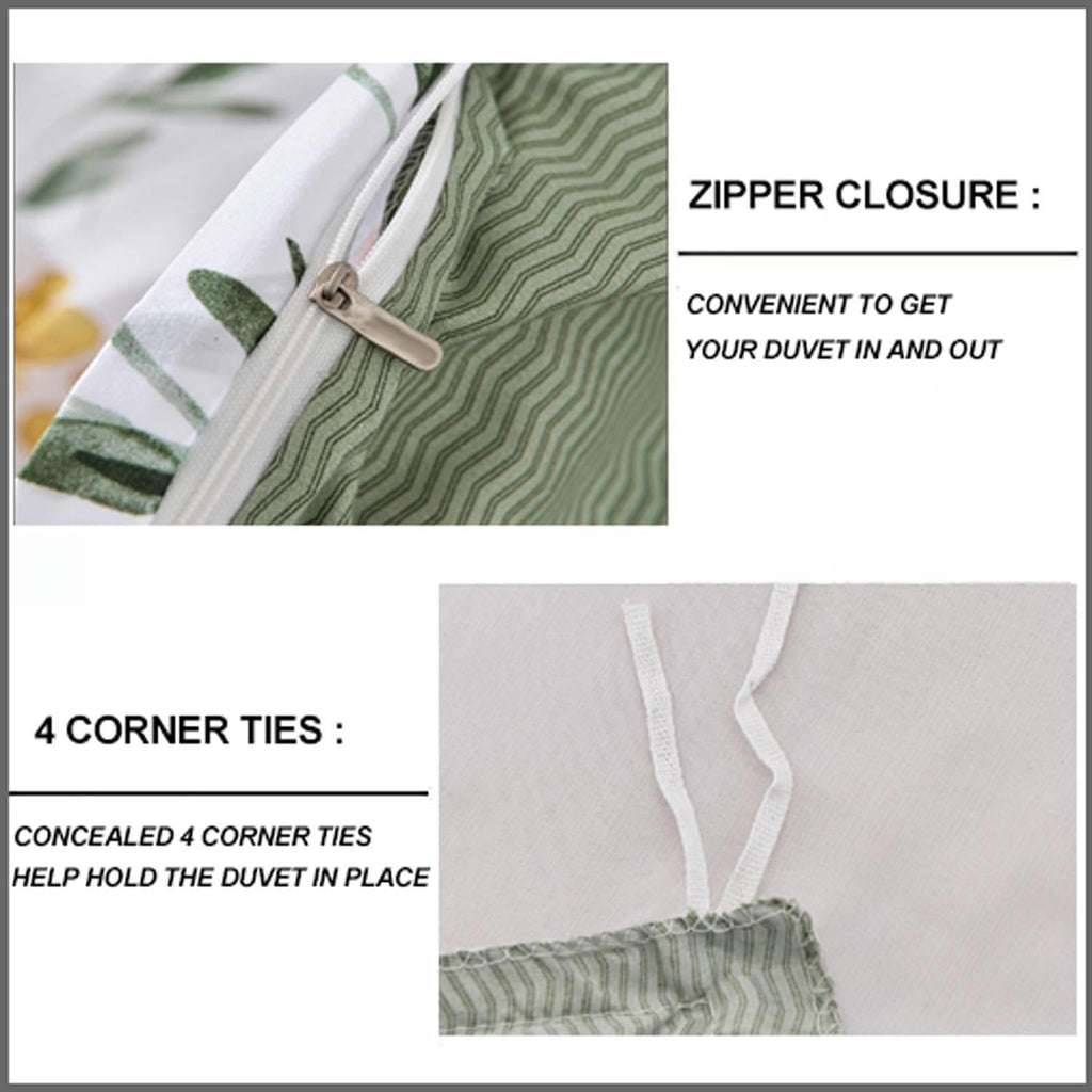 Floral Duvet Cover Full Size - White Yellow Flowers and Green Leaf Spring Botanical Printed Microfiber Comforter Cover Set - 3PC 80X90 Soft and Lightweight Quilt Cover, Farmhouse Style for Women Men