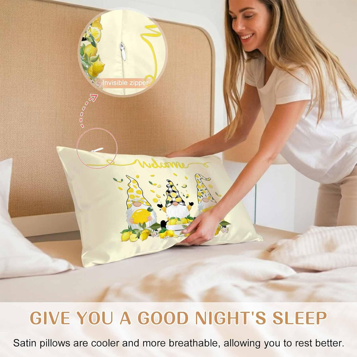 Lemon Gnomes King Standard Pillow Cases Set of 2, Vintage Fruit Yellow Welcome Satin Pillow Case Cover with Smooth Hidden Zipper Closure, Soft Throw Pillow Covers Cases for Home Decor 20X36 Inch