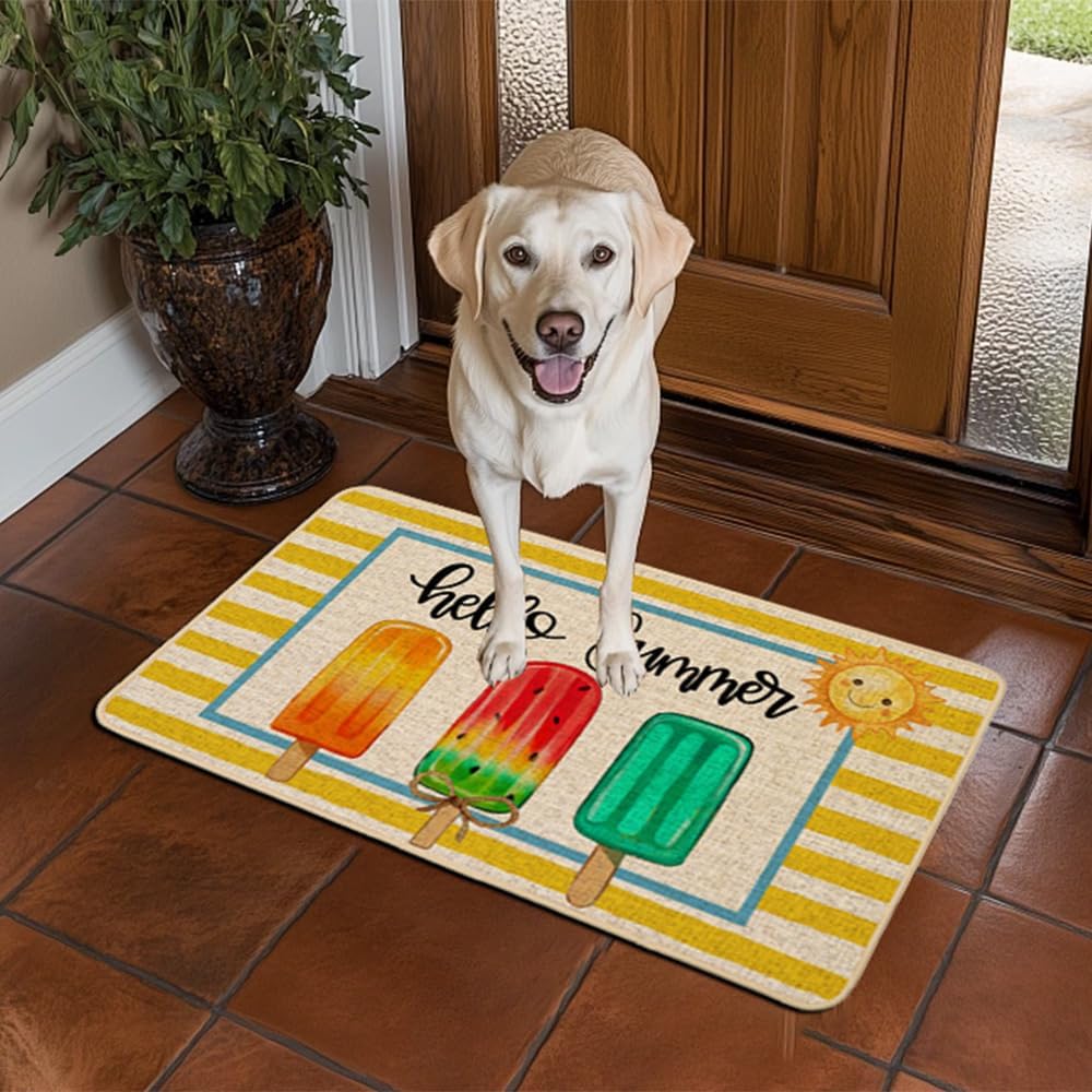 Summer Doormat 17x29 inch, Popsicle Yellow Striped Hello Summer Welcome Door Mat Rug for Floor Non Slip Rubber Backing Seasonal Holiday Decor for Indoor Outdoor