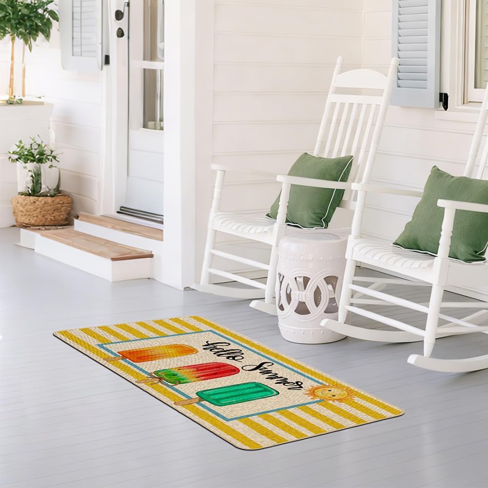 Summer Doormat 17x29 inch, Popsicle Yellow Striped Hello Summer Welcome Door Mat Rug for Floor Non Slip Rubber Backing Seasonal Holiday Decor for Indoor Outdoor