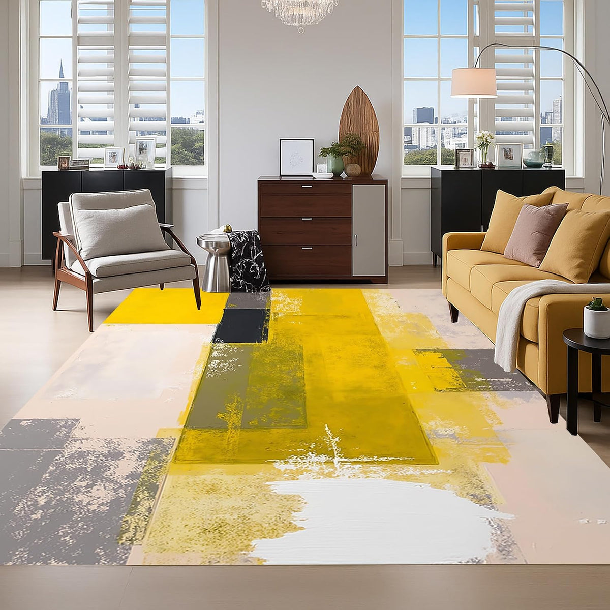 Contemporary Aesthetic Art Modern Abstract Rug 5x7 Beige Grey Yellow Washable Area Rug for Living Room Bedroom Office Nursery Non Shedding Thin Shag Carpet Non Slip Diningroom Hallway Runner Mat
